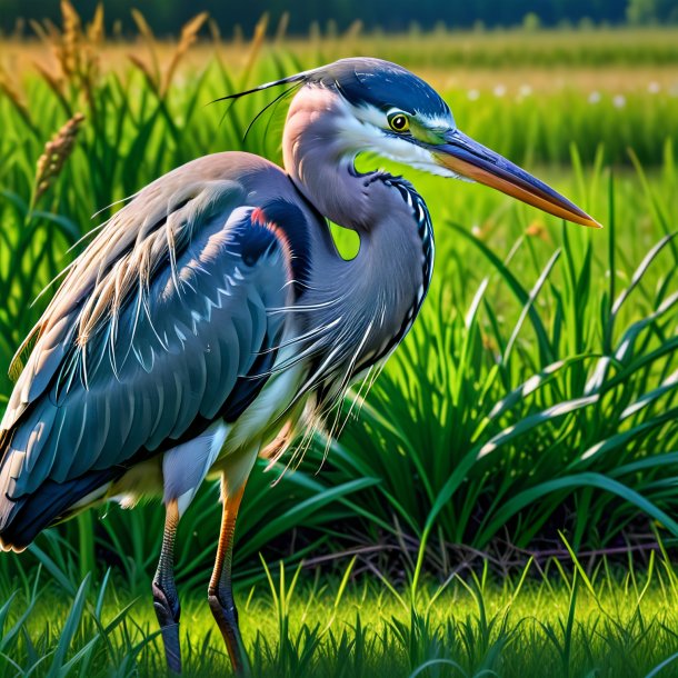 Imagen de un comer de una garza en el prado