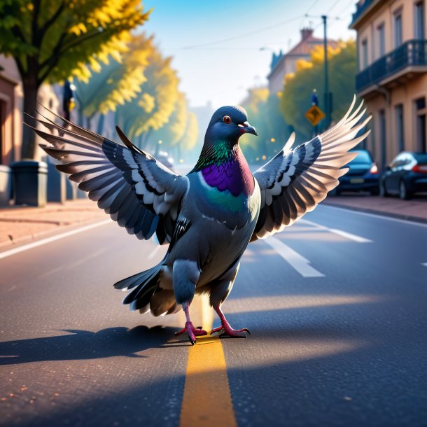 Imagem de uma dança de um pombo na estrada