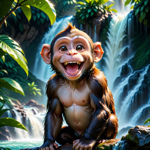 Photo of a smiling of a monkey in the waterfall