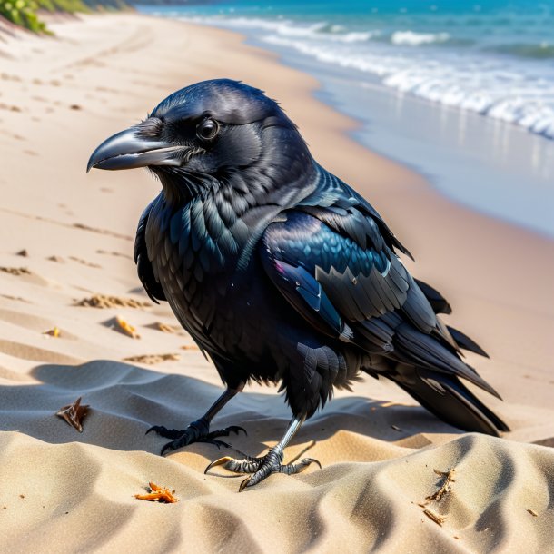 Foto de um sono de um corvo na praia