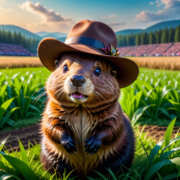 Foto de un castor en un sombrero en el campo