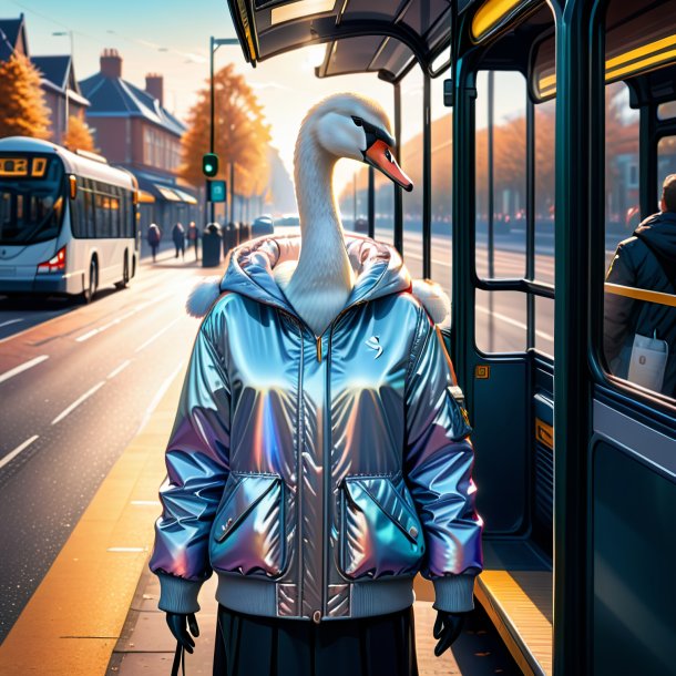 Ilustração de um cisne em uma jaqueta no ponto de ônibus