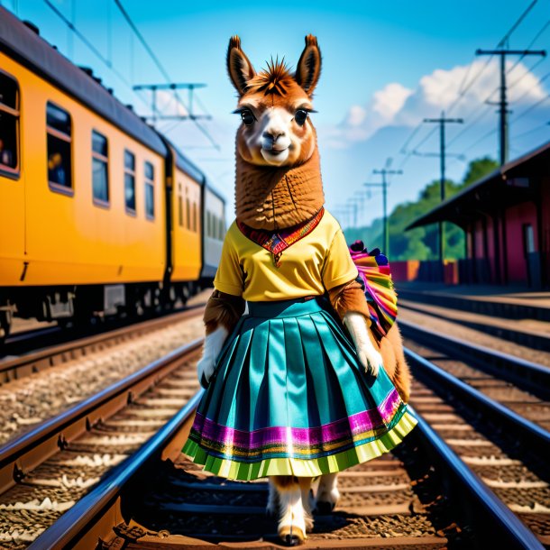 Image of a llama in a skirt on the railway tracks