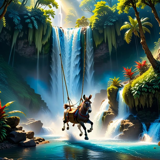 Picture of a swinging on a swing of a donkey in the waterfall