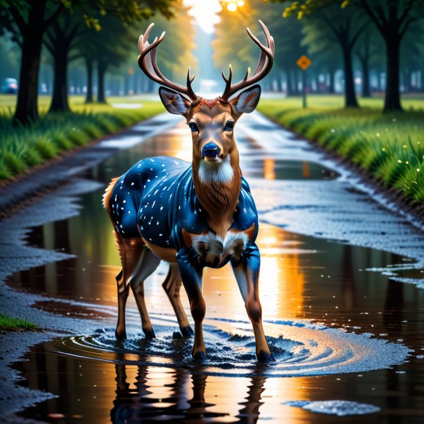 Picture of a deer in a jeans in the puddle