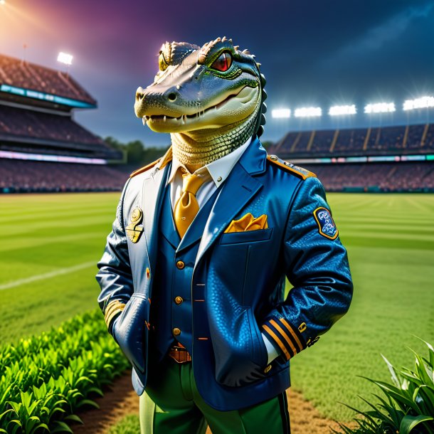 Photo of a alligator in a jacket on the field