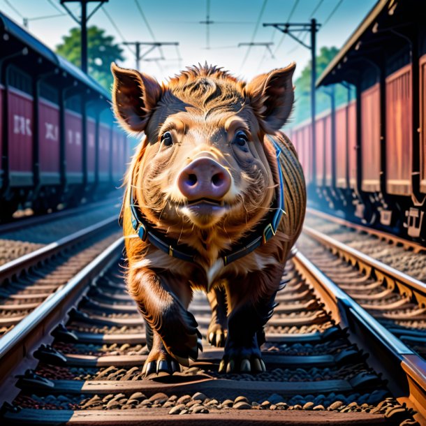 Picture of a boar in a belt on the railway tracks