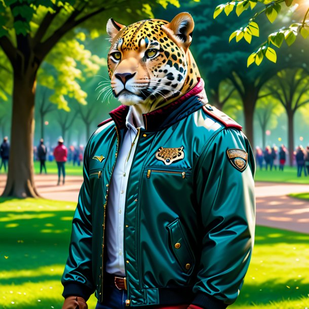 Dibujo de un jaguar en una chaqueta en el parque