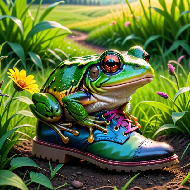 Photo of a frog in a shoes in the meadow