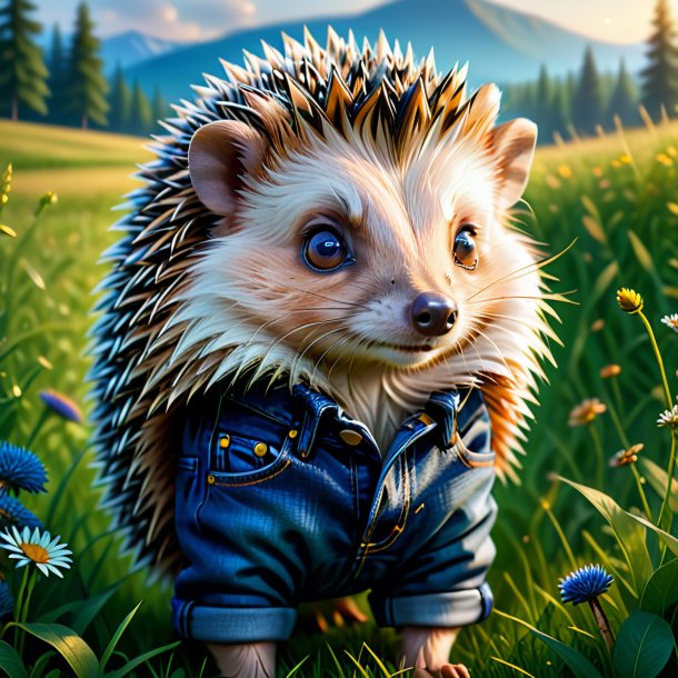 Illustration of a hedgehog in a jeans in the meadow