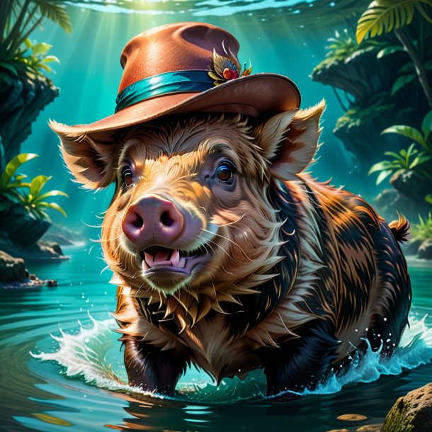 Drawing of a boar in a hat in the water