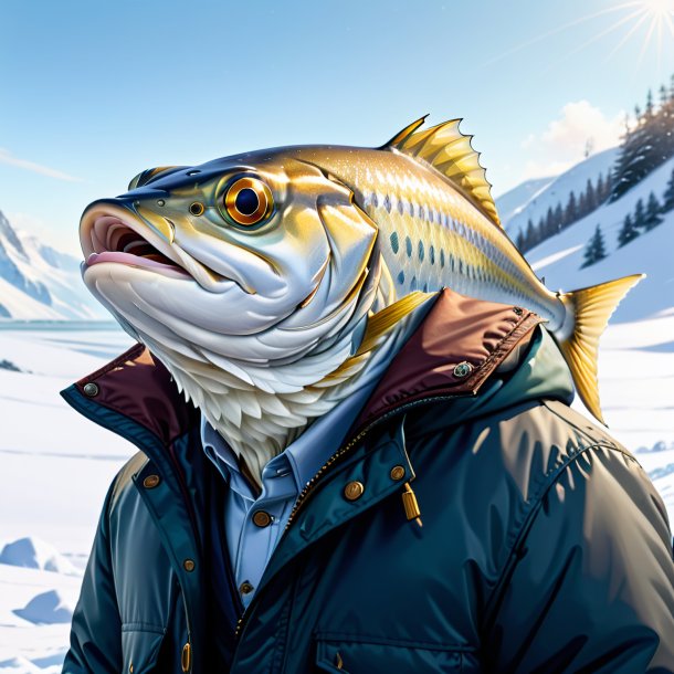 Desenho de um haddock em uma jaqueta na neve