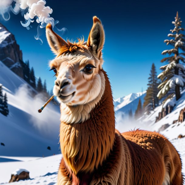 Image of a smoking of a llama in the snow