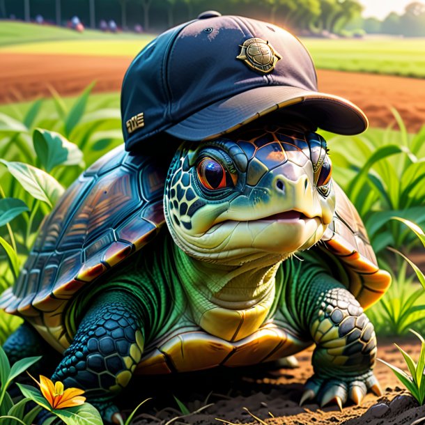 Dibujo de una tortuga en una gorra en el campo