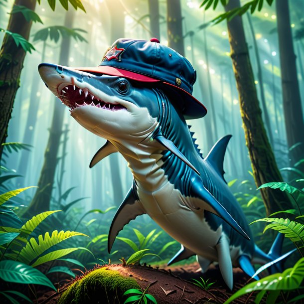 Image of a hammerhead shark in a cap in the forest