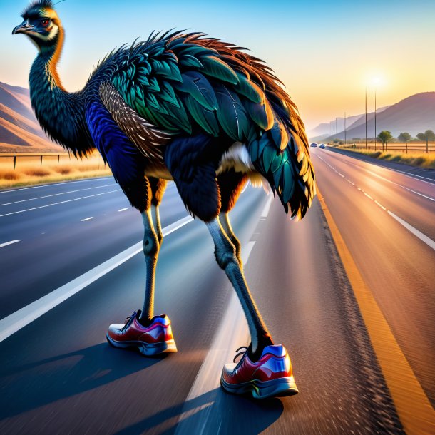 Picture of a emu in a shoes on the highway