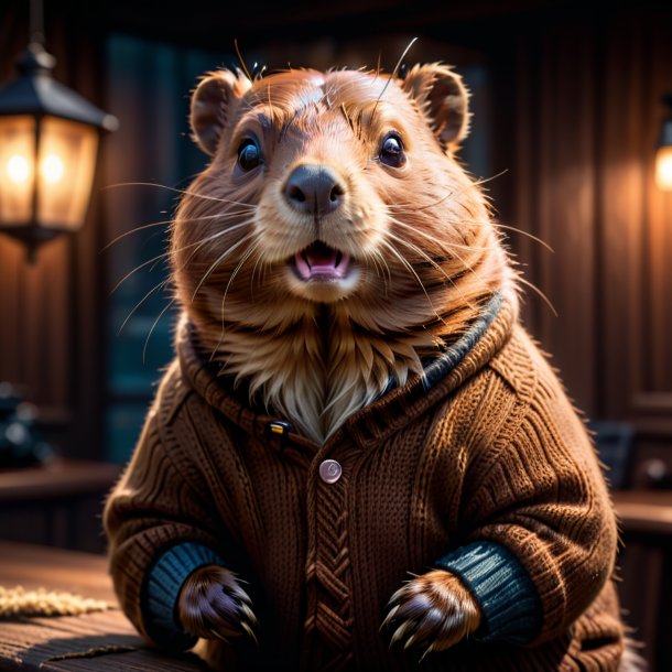 Photo of a beaver in a brown sweater