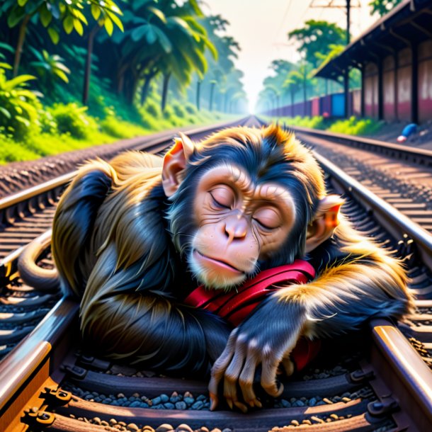 Picture of a sleeping of a monkey on the railway tracks