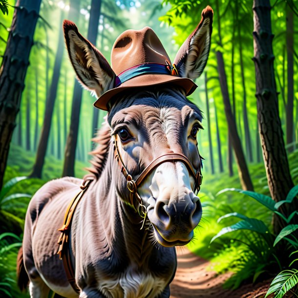 Foto de un burro en un sombrero en el bosque