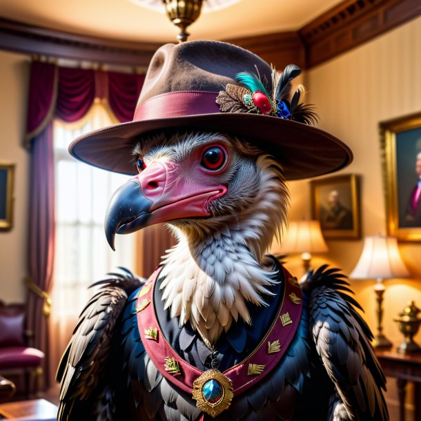 Photo of a vulture in a hat in the house