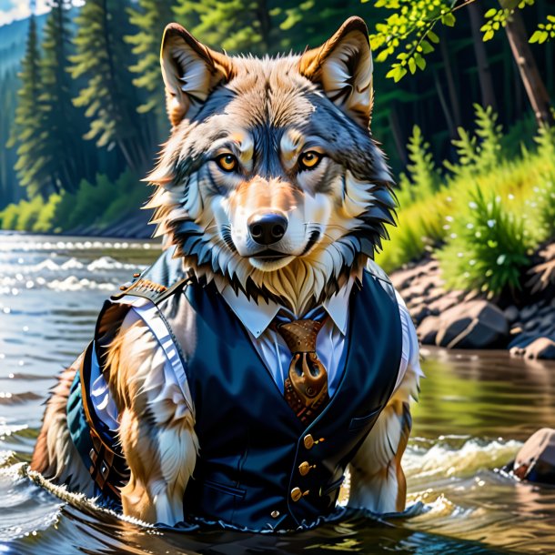 Image of a wolf in a vest in the river