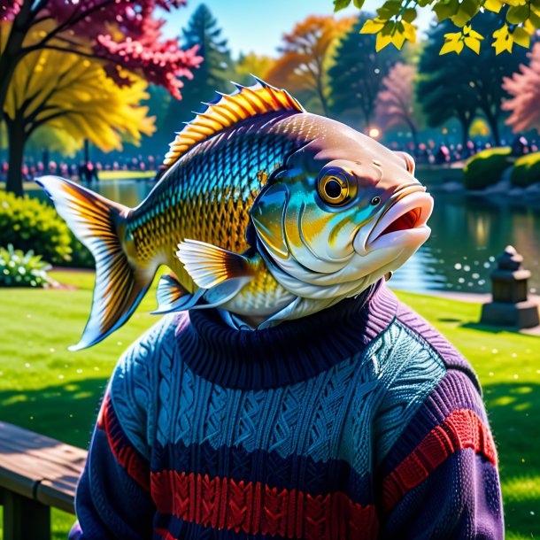 Imagem de um peixe em um suéter no parque