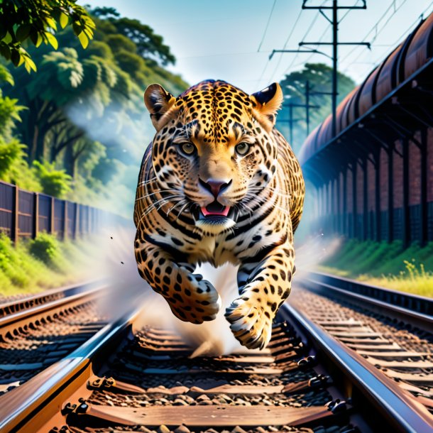 Foto de un salto de un jaguar en las vías del tren