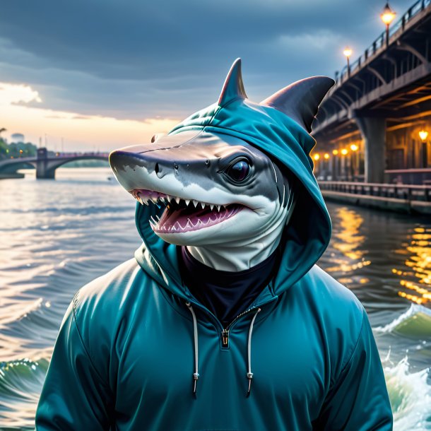 Image of a hammerhead shark in a hoodie in the river