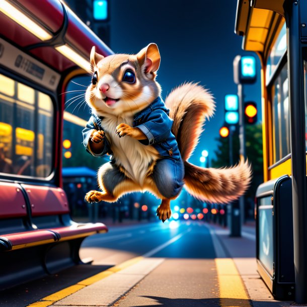 Photo of a flying squirrel in a jeans on the bus stop