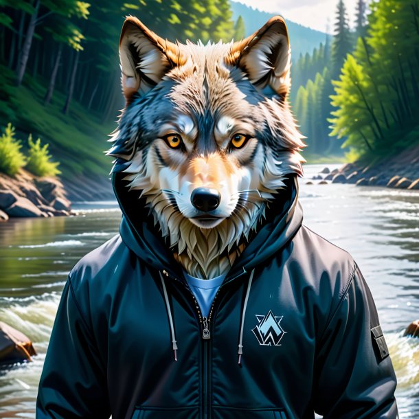 Foto de un lobo en una sudadera en el río