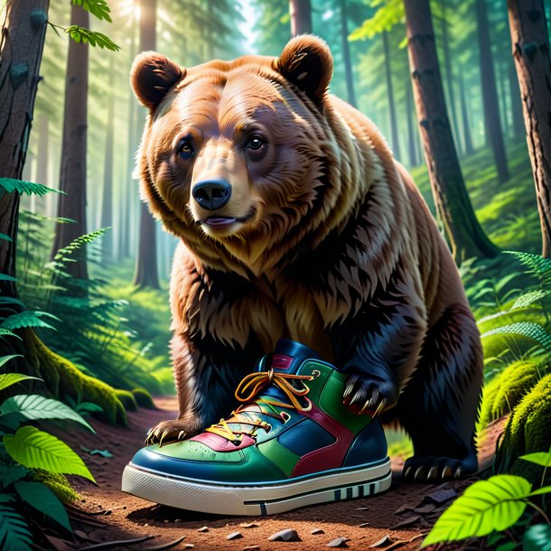 Foto de un oso en un zapato en el bosque