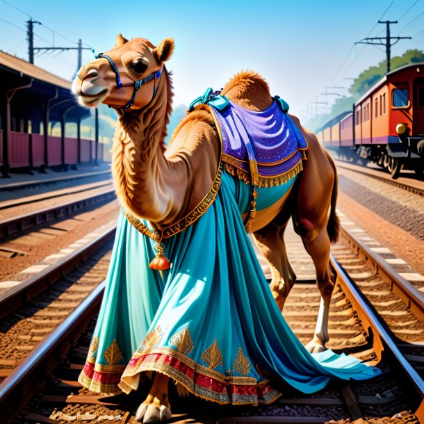 Drawing of a camel in a dress on the railway tracks