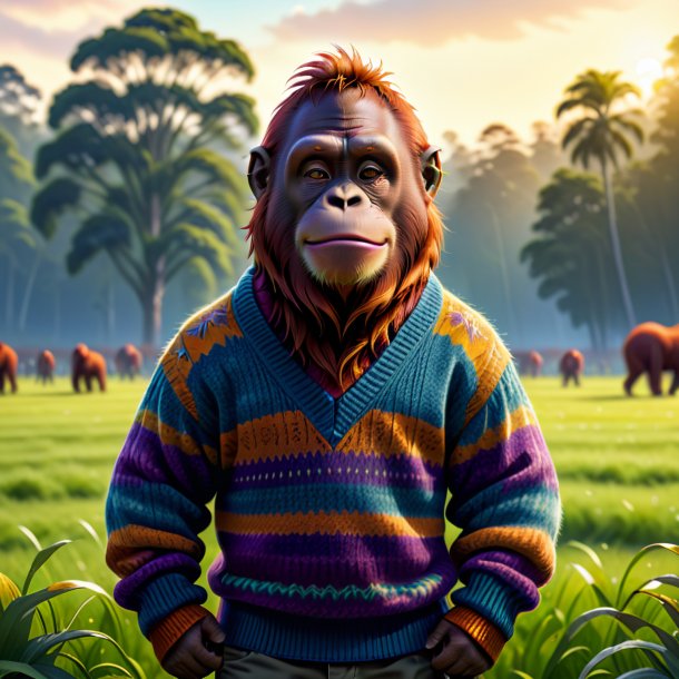 Illustration of a orangutan in a sweater on the field