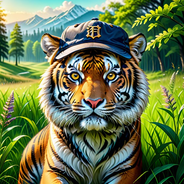 Dessin d'un tigre dans une casquette dans la prairie