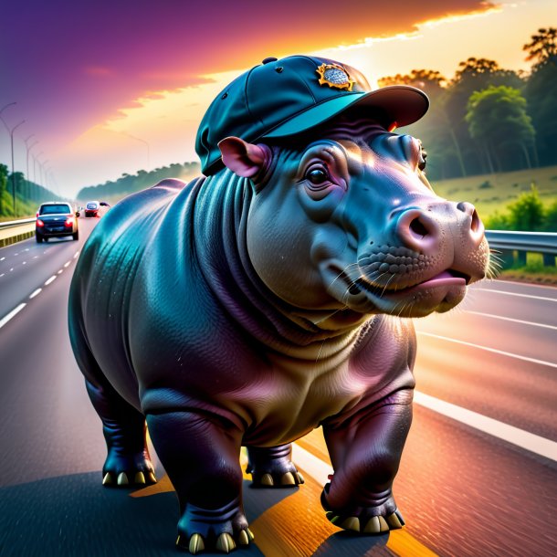 Photo of a hippopotamus in a cap on the highway