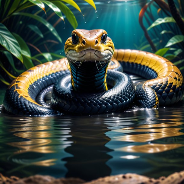 Picture of a king cobra in a coat in the water