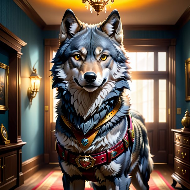 Illustration of a wolf in a belt in the house