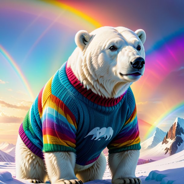 Foto de un oso polar en un suéter en el arco iris