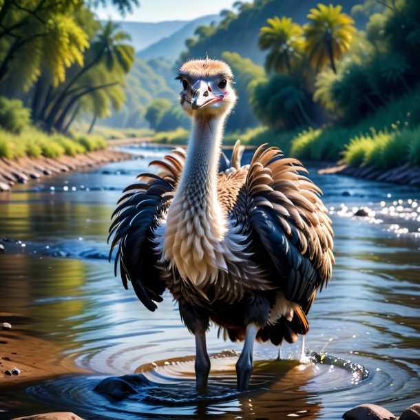 Foto de un avestruz en guantes en el río