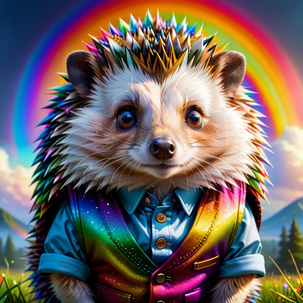 Illustration of a hedgehog in a vest on the rainbow