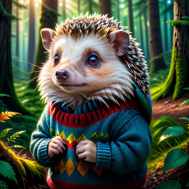 Drawing of a hedgehog in a sweater in the forest