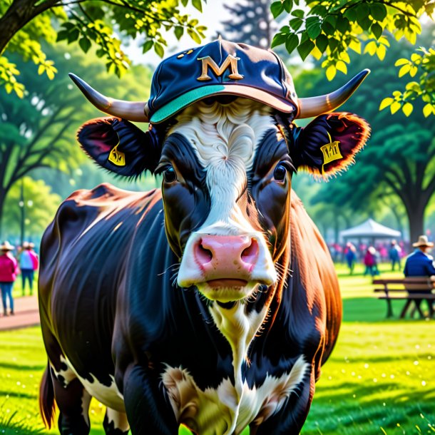 Foto de uma vaca em um boné no parque