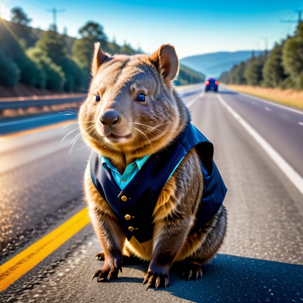 Foto de un wombat en el chaleco en la carretera