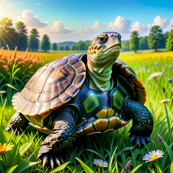 Picture of a turtle in a vest in the meadow