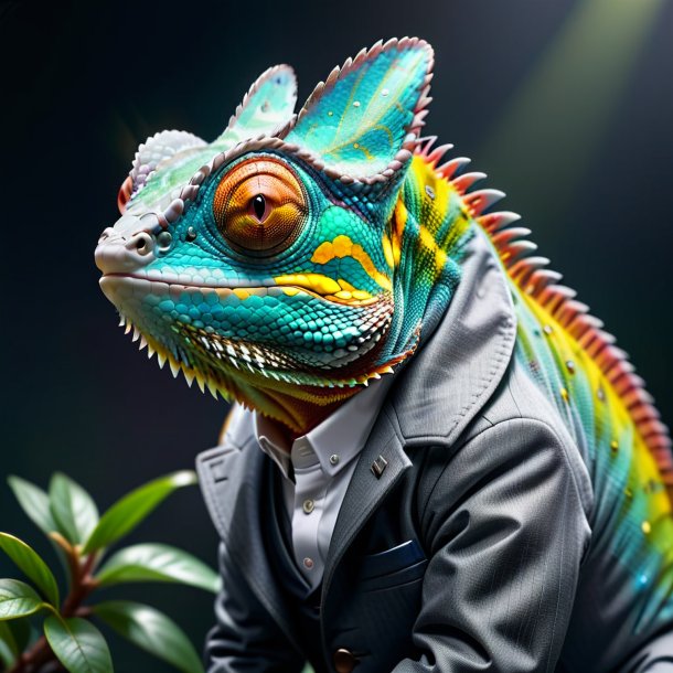 Photo of a chameleon in a gray jacket