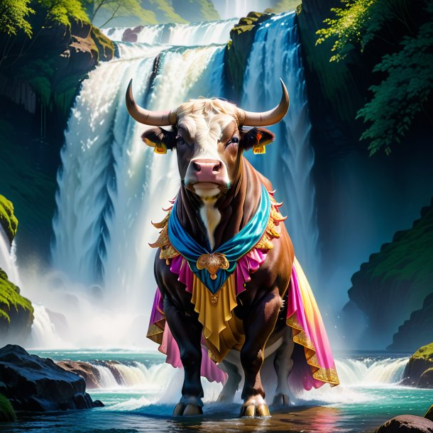 Photo of a bull in a dress in the waterfall