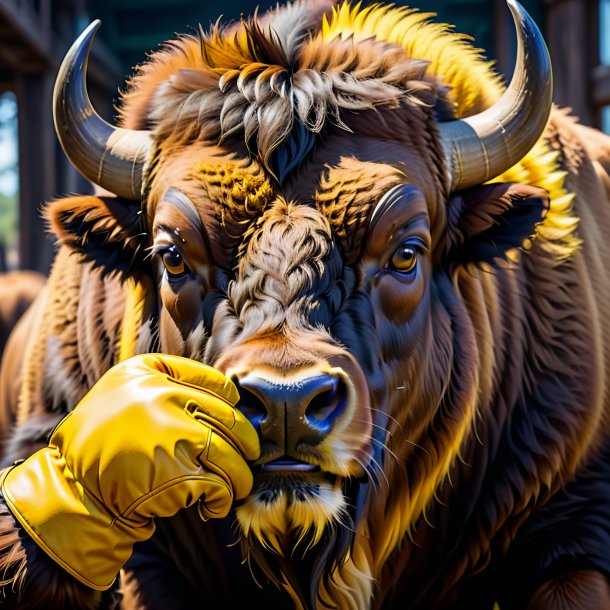 Foto de un bisonte en guantes amarillos