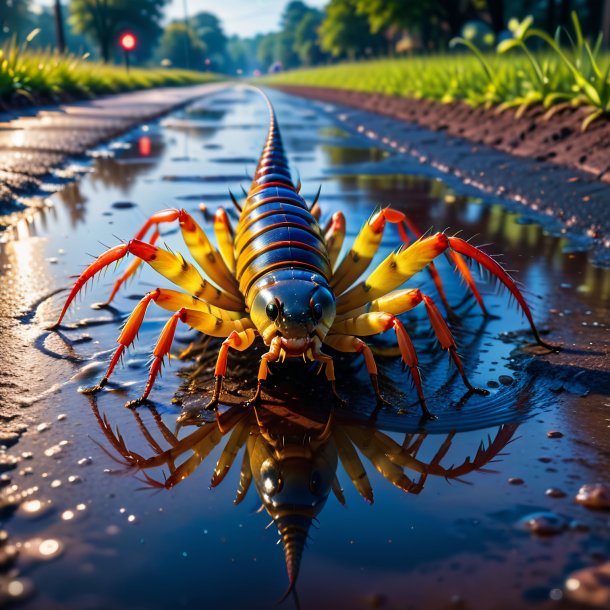 Photo of a threatening of a centipede in the puddle