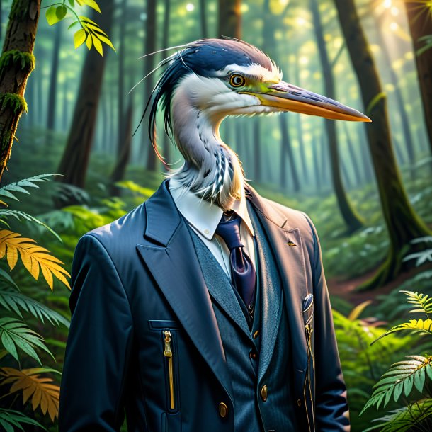 Photo of a heron in a jacket in the forest