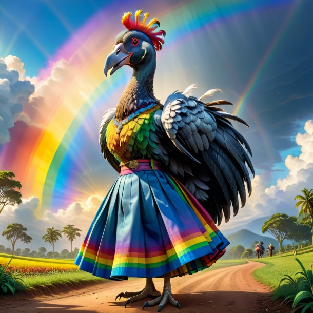 Drawing of a dodo in a skirt on the rainbow